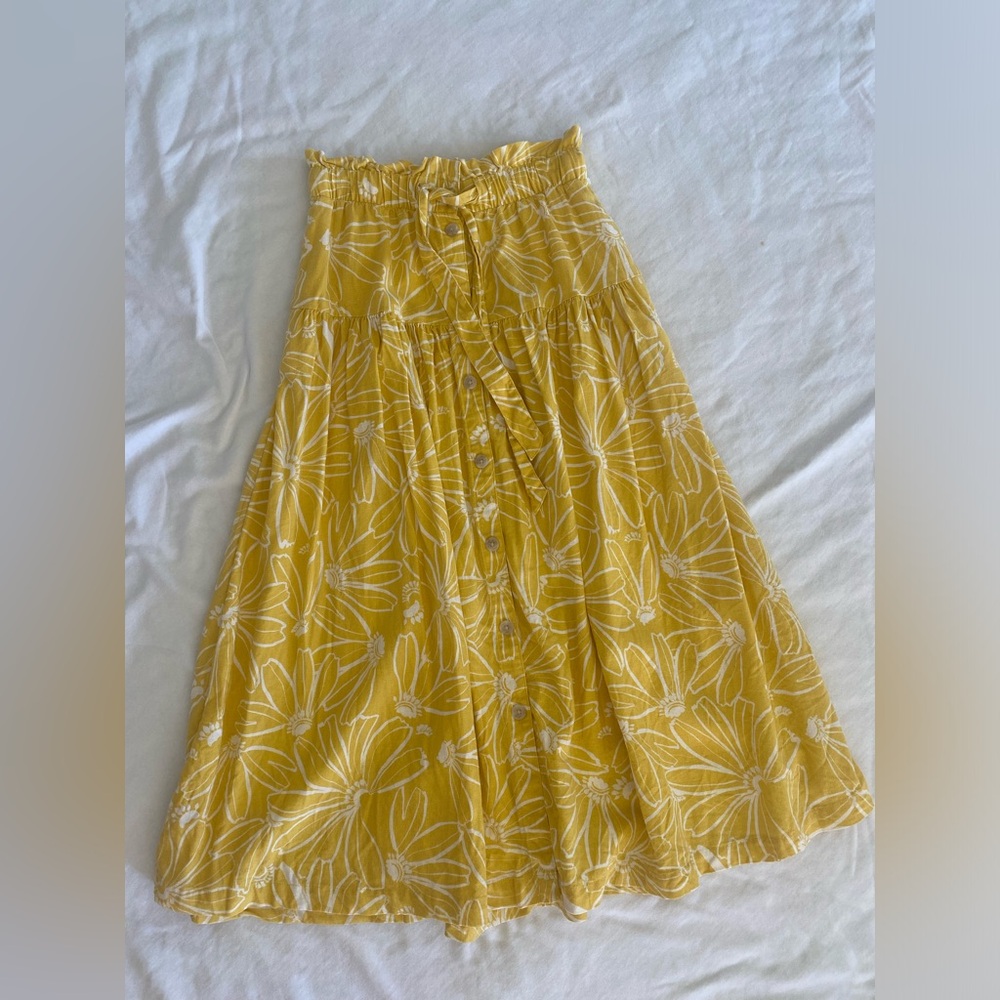 Universal Thread Yellow Print Waist Tie Linen Blend Midi Skirt Size XS